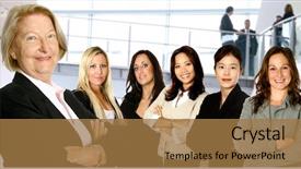  Presentation with diverse women - Colorful PPT theme enhanced with team of business women backdrop and a coral colored foreground