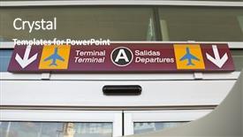  Presentation with departure - Colorful presentation enhanced with bilingualism - overhead airport terminal spanish english backdrop and a gray colored foreground