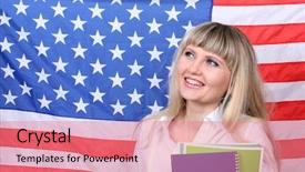  Presentation with america flag - Presentation design having american english - young woman on the background background and a coral colored foreground