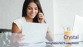  Presentation with home documents - Presentation theme enhanced with bill - picture of cheerful young lady background and a sky blue colored foreground