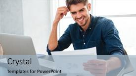  Presentation with special education young adult man - Presentation design enhanced with bill - picture of young cheerful man background and a light blue colored foreground