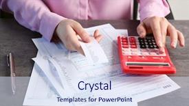  Presentation with calculator - Amazing slide set having bill - woman sitting at table backdrop and a sky blue colored foreground