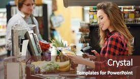  Presentation with healthy workspace - Colorful PPT theme enhanced with bill payment - image of happy cashier woman backdrop and a tawny brown colored foreground