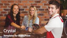  Presentation with credit card - Presentation theme having bill payment - portrait of friends handing background and a tawny brown colored foreground