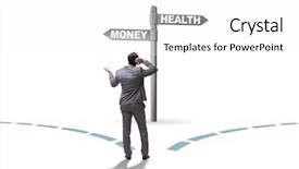  Presentation with health - PPT theme featuring bill rights - businessman choosing between money background and a white colored foreground
