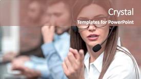  Presentation with call center - Beautiful presentation design featuring billboard techology - female call center operator pointing backdrop and a coral colored foreground