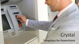 Presentation with atm machine - Slides with billet - man withdrawing money from atm background and a mint green colored foreground