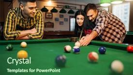  Presentation with billiard - Audience pleasing presentation design consisting of billiard players with cues friends backdrop and a ocean colored foreground