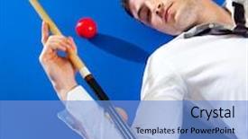 Presentation with billiard - Audience pleasing presentation theme consisting of billiard young man player lying on pool blue table with balls backdrop and a light blue colored foreground
