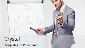  Presentation with dollar - PPT theme featuring billing training - businessman making presentation on flipchart background and a  colored foreground