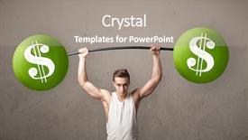  Presentation with lifting weights - Presentation design featuring portrait of beautiful caucasian woman model with dark long hair in pink swimsuit touching green tropical leaf background and a dark gray colored foreground.