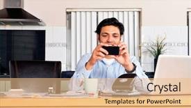  Presentation with mobile money - Amazing PPT theme having bills using his mobile phone backdrop and a  colored foreground