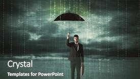  Presentation with umbrella protection - Beautiful theme featuring binary code - business man standing with umbrella backdrop and a dark gray colored foreground