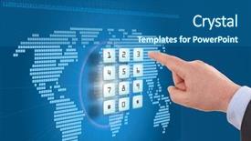  Presentation with touch screen - PPT layouts with binary code - hand pushing touch screen button background and a ocean colored foreground