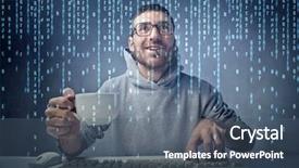  Presentation with sitting posture and computer ergonomics - Amazing PPT layouts having binary code - smiling man sitting in front backdrop and a ocean colored foreground