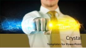  Presentation with colorful hands - Beautiful presentation design featuring binary number clouds - man holding colorful glowing data backdrop and a  colored foreground
