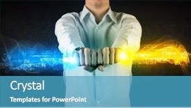  Presentation with colorful hands - Presentation theme consisting of binary number clouds - man holding colorful glowing data background and a  colored foreground