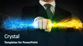  Presentation with colorful hands - PPT theme featuring binary number clouds - man holding colorful glowing data background and a  colored foreground