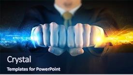  Presentation with colorful hands - PPT theme enhanced with binary number clouds - man holding colorful glowing data background and a navy blue colored foreground