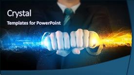  Presentation with colorful hands - Beautiful slide deck featuring binary number clouds - man holding colorful glowing data backdrop and a navy blue colored foreground