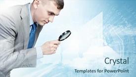  Presentation with binary - Cool new PPT theme with binary serach - image of businessman examining objects backdrop and a sky blue colored foreground