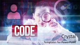  Presentation with looking glass - Audience pleasing PPT theme consisting of binary serach - word code and businesswoman typing backdrop and a light blue colored foreground