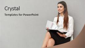  Presentation with binder - PPT theme featuring binder - image of cheerful office woman background and a light gray colored foreground