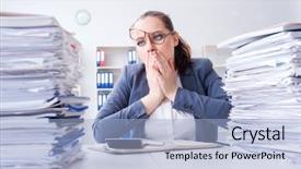  Presentation with paperwork - Colorful PPT theme enhanced with binder - tired businesswoman with paperwork workload backdrop and a light blue colored foreground