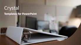  Presentation with business office desk - PPT layouts having binders-on-desk-or-shelves background and a gray colored foreground