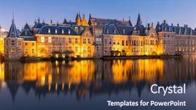  Presentation with parliament - PPT theme consisting of binnenhof palace place of parliament in the hague of netherlands at dusk background and a ocean colored foreground