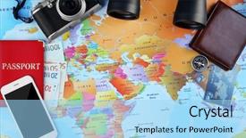  Presentation with old nautical vintage world map - Beautiful theme featuring compass binoculars - traveller's accessories on world map backdrop and a light blue colored foreground