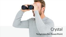  Presentation with binocular - PPT theme enhanced with binoculars - young man looking through binocular background and a light gray colored foreground