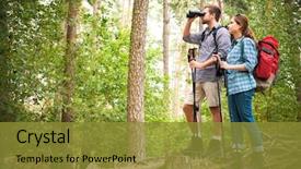  Presentation with hike forest - Audience pleasing presentation theme consisting of binoculars map - happy couple going backdrop and a gold colored foreground