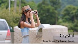  Presentation with binocular - Slides having binoculars map - travel woman look though binocular background and a light gray colored foreground