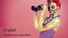  Presentation with zombie - Cool new PPT theme with binoculars pink background body-painting backdrop and a coral colored foreground
