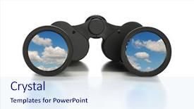 Presentation with binoculars at a lookout point - PPT theme featuring binoculars with image of clouds background and a sky blue colored foreground