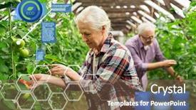  Presentation with agriculture business - Presentation design enhanced with bio business - organic farming agriculture and people background and a violet colored foreground