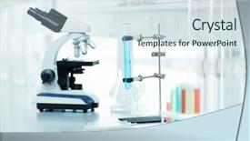  Presentation with laboratory equipment - PPT layouts with bio chemistry - various research equipment electronic microscope background and a sky blue colored foreground
