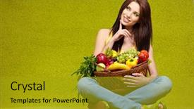  Presentation with woman pushing shopping trolley - Presentation theme with bio food - young woman shopping for vegetables background and a gold colored foreground