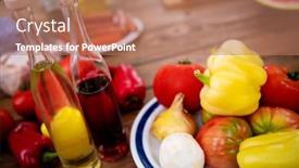  Presentation with fresh fruits vegetables - Slide set with bottles of oil and vinegar background and a coral colored foreground