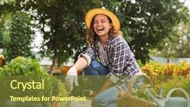  Presentation with bio inspired - Beautiful presentation theme featuring bio inspired - attractive beautiful laughing woman gardener backdrop and a tawny brown colored foreground