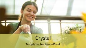  Presentation with water irrigation greenhouse - Presentation theme having bio inspired - attractive cute woman gardener holding background and a yellow colored foreground