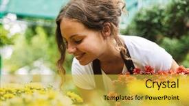  Presentation with greenhouse - Presentation theme enhanced with bio inspired - portrait of young florist woman background and a yellow colored foreground