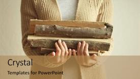  Presentation with pile of stacked firewood prepared - PPT theme enhanced with bio material - woman holding pile of firewood background and a coral colored foreground