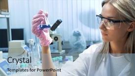  Presentation with look - Presentation theme having bio medical - female researcher look at retort background and a light blue colored foreground