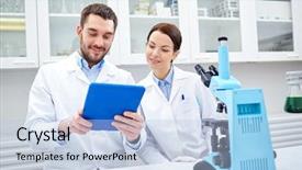  Presentation with chemistry tablet - Slide deck featuring bio medical computer - science chemistry technology biology background and a  colored foreground