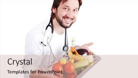  Presentation with healthy food - Presentation theme having bio medical computer - young male doctor advising healthy background and a soft green colored foreground