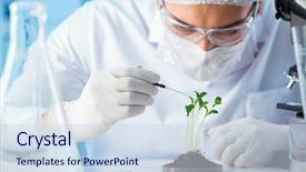  Presentation with biotechnology lab - Cool new slide deck with bio medical engineear - biotechnology concept with scientist backdrop and a sky blue colored foreground