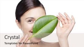  Presentation with green leaf - PPT theme with bio naturelle - smiling female hiding behind green background and a lemonade colored foreground