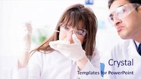  Presentation with testing - Presentation theme with bio pesticid - two lab doctor testing food background and a sky blue colored foreground